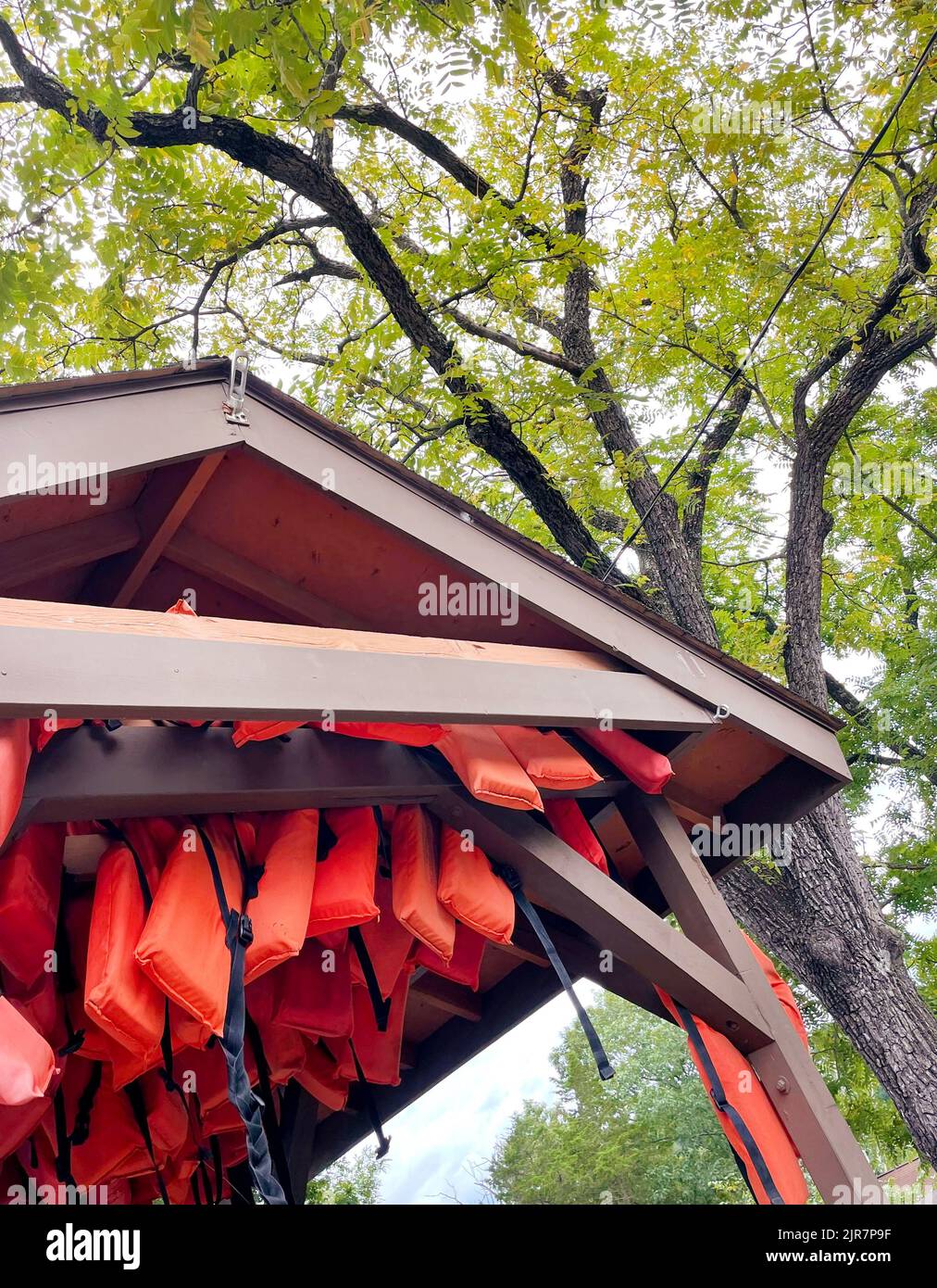 Les gardiens de sauvetage de dispositif de flottaison personnel pendent au plafond d'un pavillon de location dans une entreprise extérieure d'aménagement pour les activités de rivière en été Banque D'Images