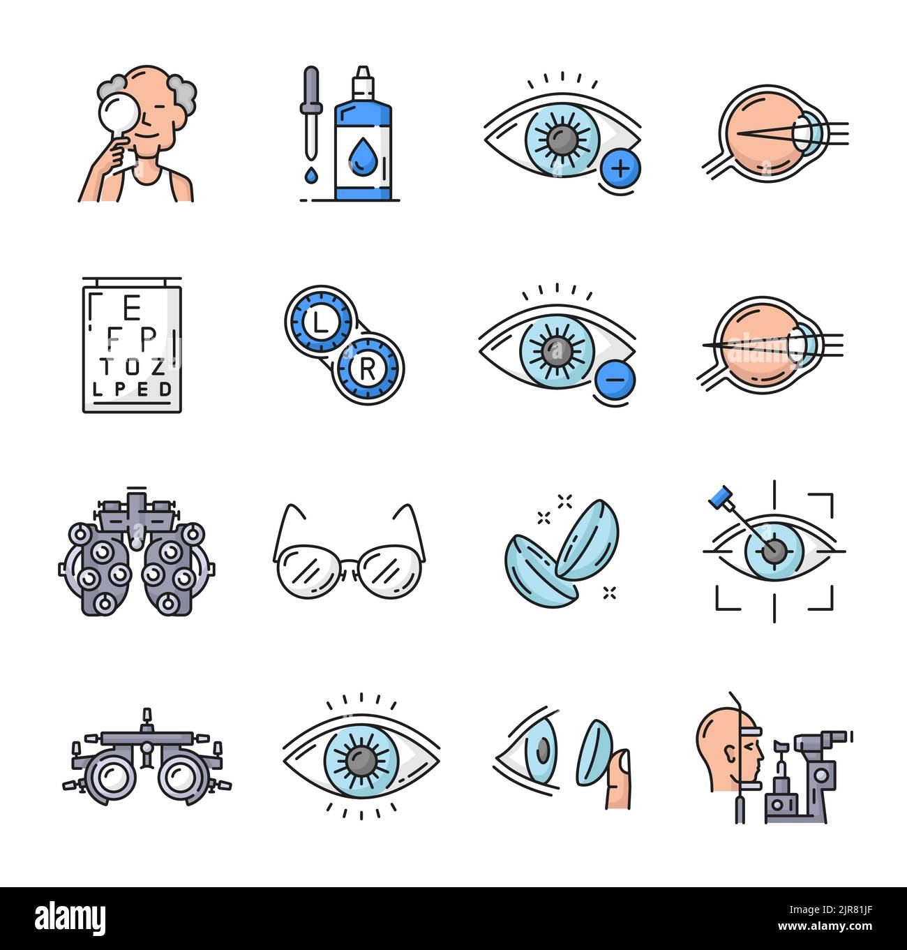 Icônes d'optométrie, chirurgie au laser oculaire, symboles de lignes de couleur vectorielles de diagnostic du phoroptère et de l'ophtalmologie. Optométrie icônes de la chirurgie lasik, lentilles de contact et test optique pour la vue et la vision oculaire Illustration de Vecteur