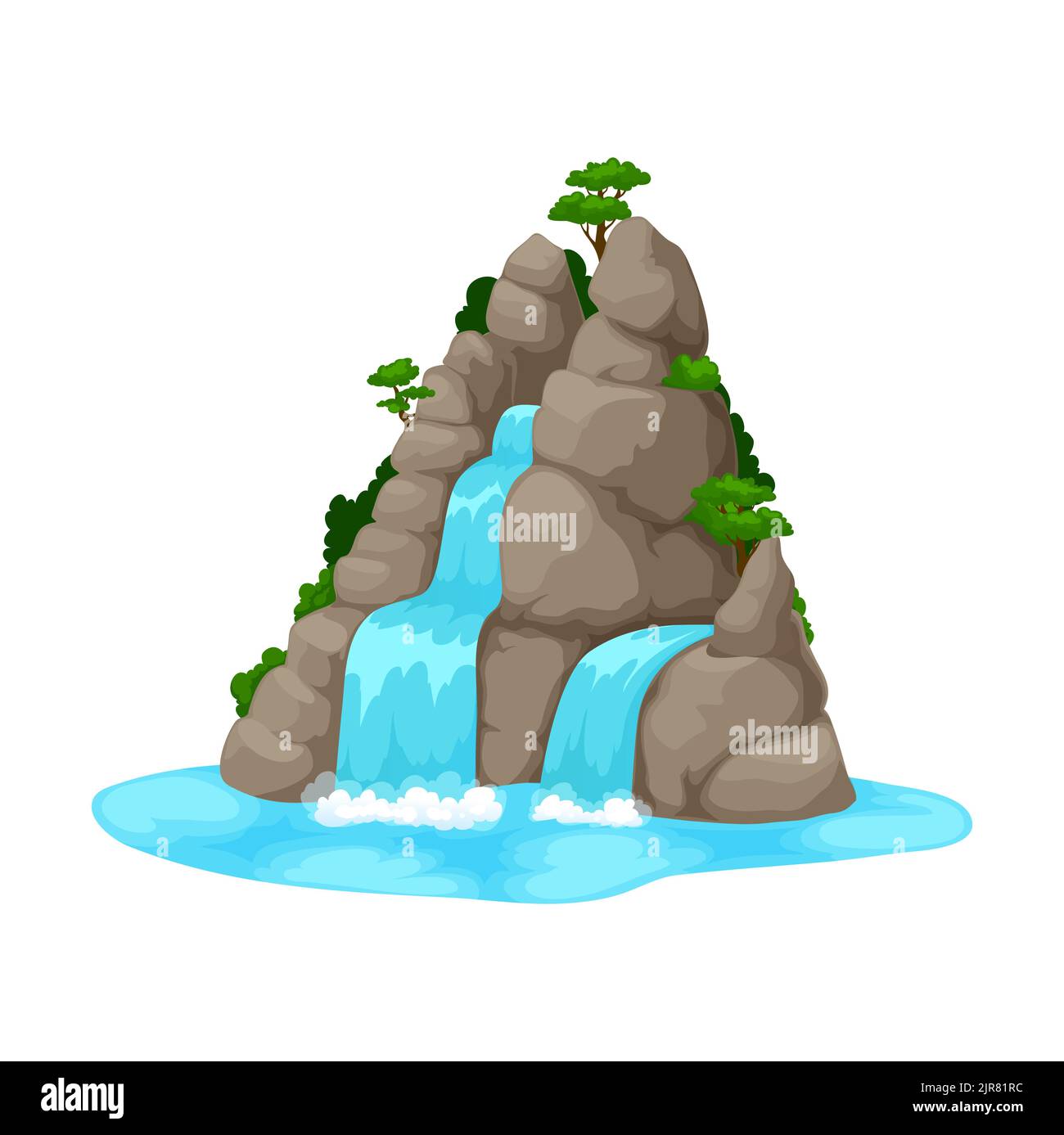 Cascade de dessins animés ou cascade d'eau tombant de rochers de montagne avec des arbres verts. Paysage naturel vectoriel de falaise en pierre grise avec cours d'eau coulant, cascades d'eau bleue avec des éclaboussures Illustration de Vecteur