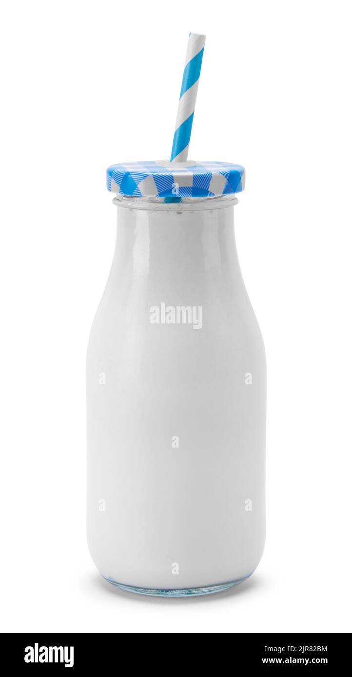 Petite bouteille de lait avec couvercle bleu et découpe de paille. Banque D'Images
