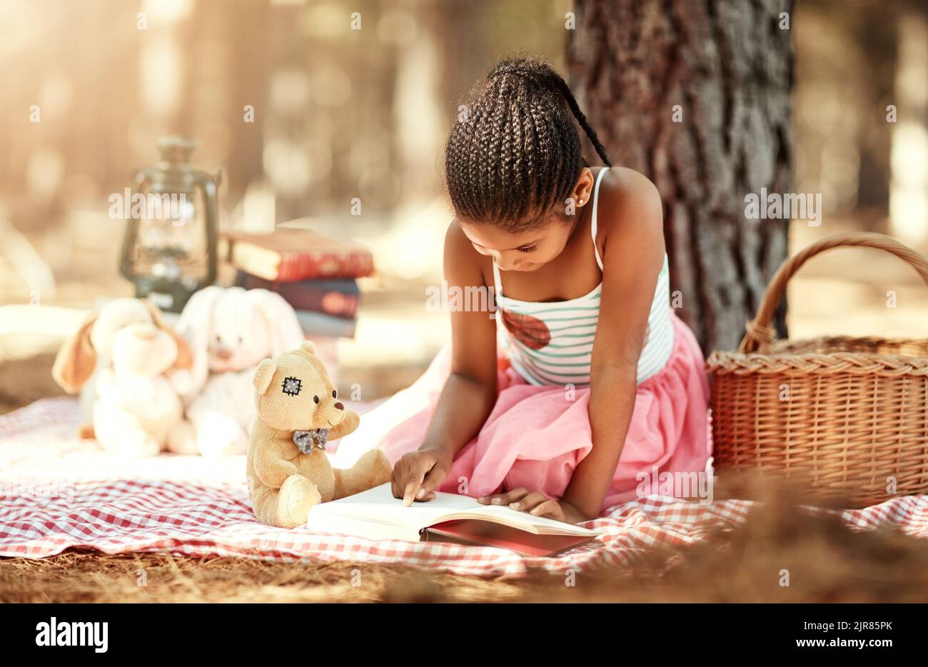 Plus vous lisez, plus vous savez. Une petite fille lisant un livre avec ses jouets dans les bois. Banque D'Images