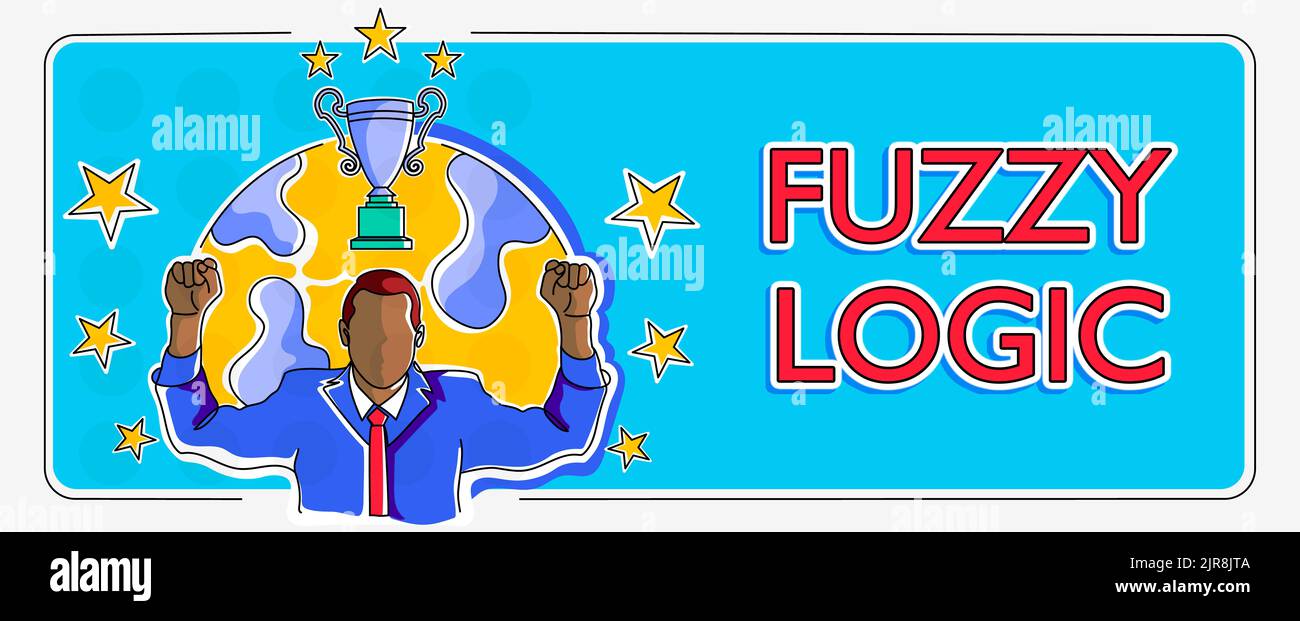 Logique floue de texte d'écriture. Vitrine d'affaires vérifie l'étendue de la saleté et la quantité de graisse de savon et d'eau homme d'affaires célébrant la réussite Banque D'Images