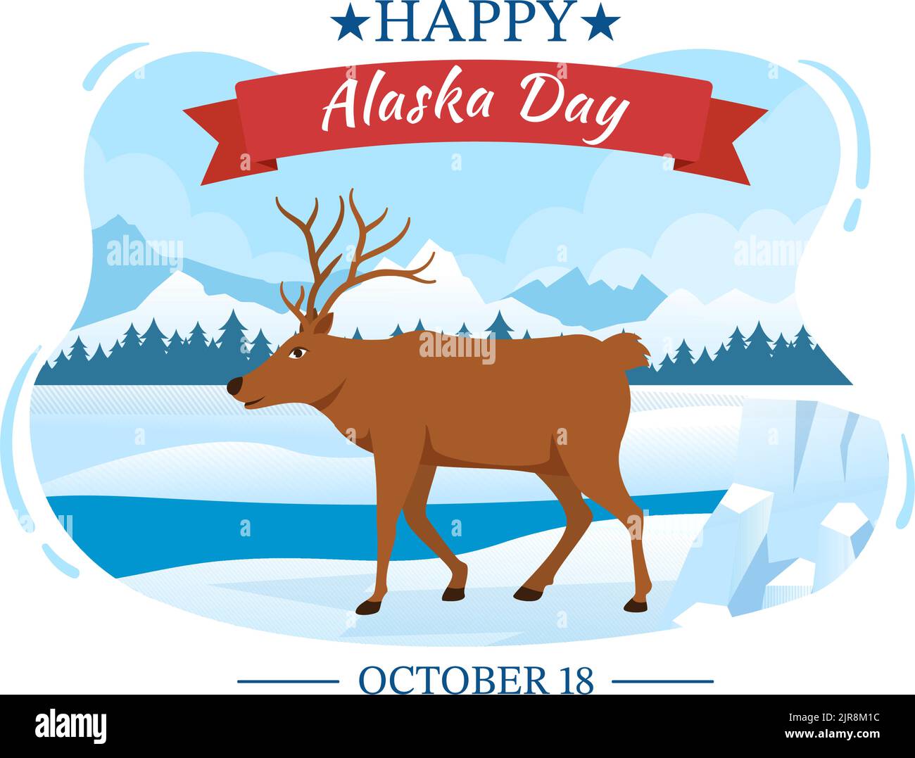 Joyeux jour de l'Alaska sur 18 octobre dessin main de dessin animé de dessin animé drapeau en paysage d'hiver en modèle pour bannière ou affiche Illustration de Vecteur