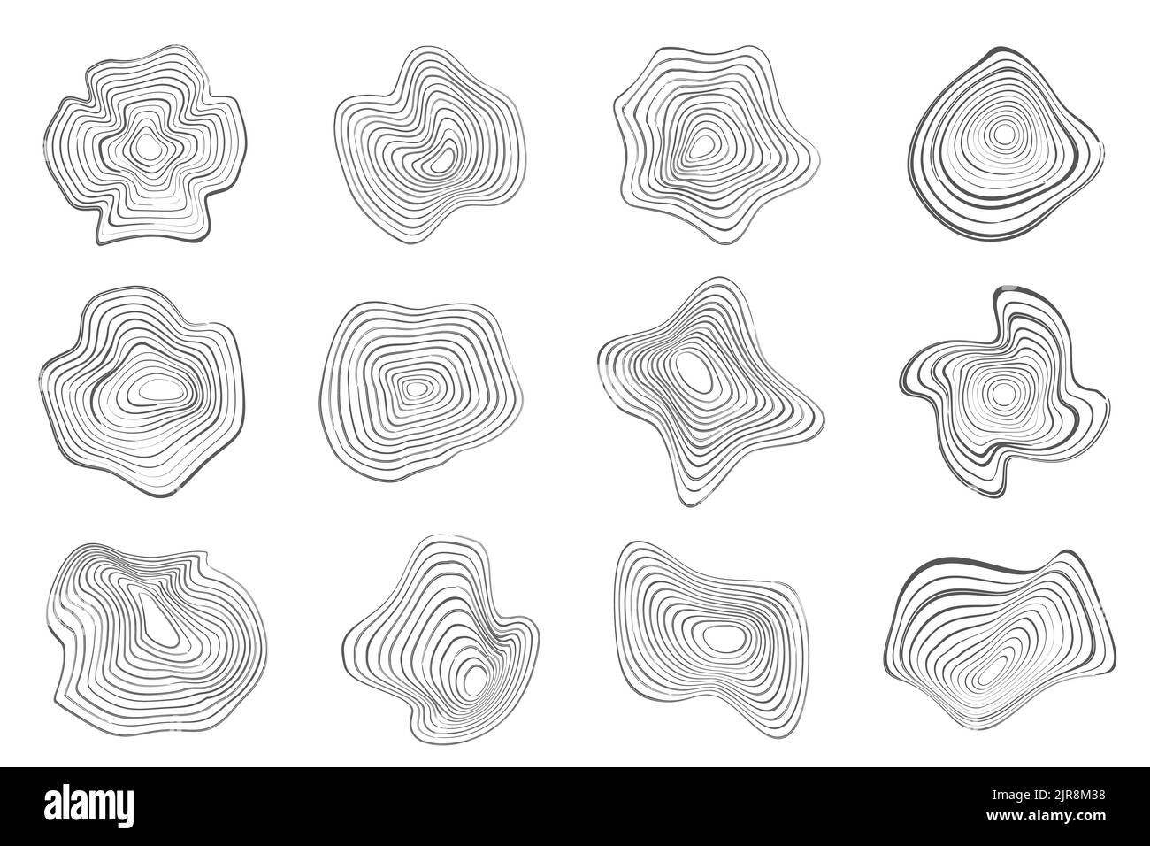 Anneaux d'arbre motifs organiques. Cercles de la topographie. Formes de contour ondulées de la nature. Icônes vectorielles topographiques. Illustration de Vecteur