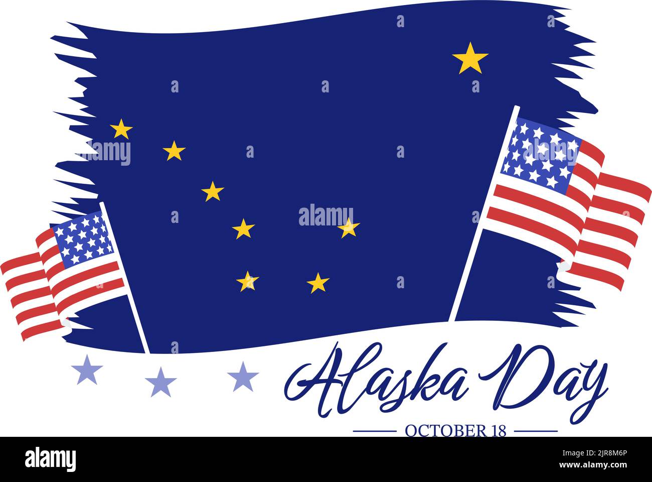 Joyeux jour de l'Alaska sur 18 octobre dessin main de dessin animé de dessin animé drapeau en paysage d'hiver en modèle pour bannière ou affiche Illustration de Vecteur
