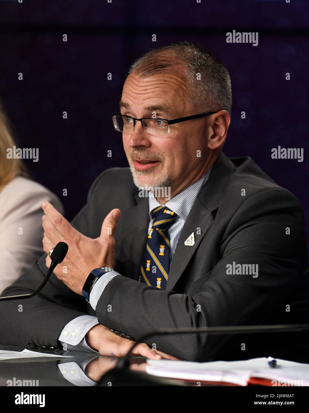 Kennedy Space Center, Floride, États-Unis. 22nd août 2022. Jim Free, Administrateur associé, développement des systèmes d'exploration participe à une conférence des médias pour discuter de l'état d'avancement du lancement d'Artémis 1 au Centre spatial Kennedy, en Floride, lundi, 22 août 2022. La NASA prévoit de lancer la fusée SLS sur le premier vol du programme Artemis le 29 août. Photo de Joe Marino/UPI crédit: UPI/Alay Live News crédit: UPI/Alay Live News Banque D'Images