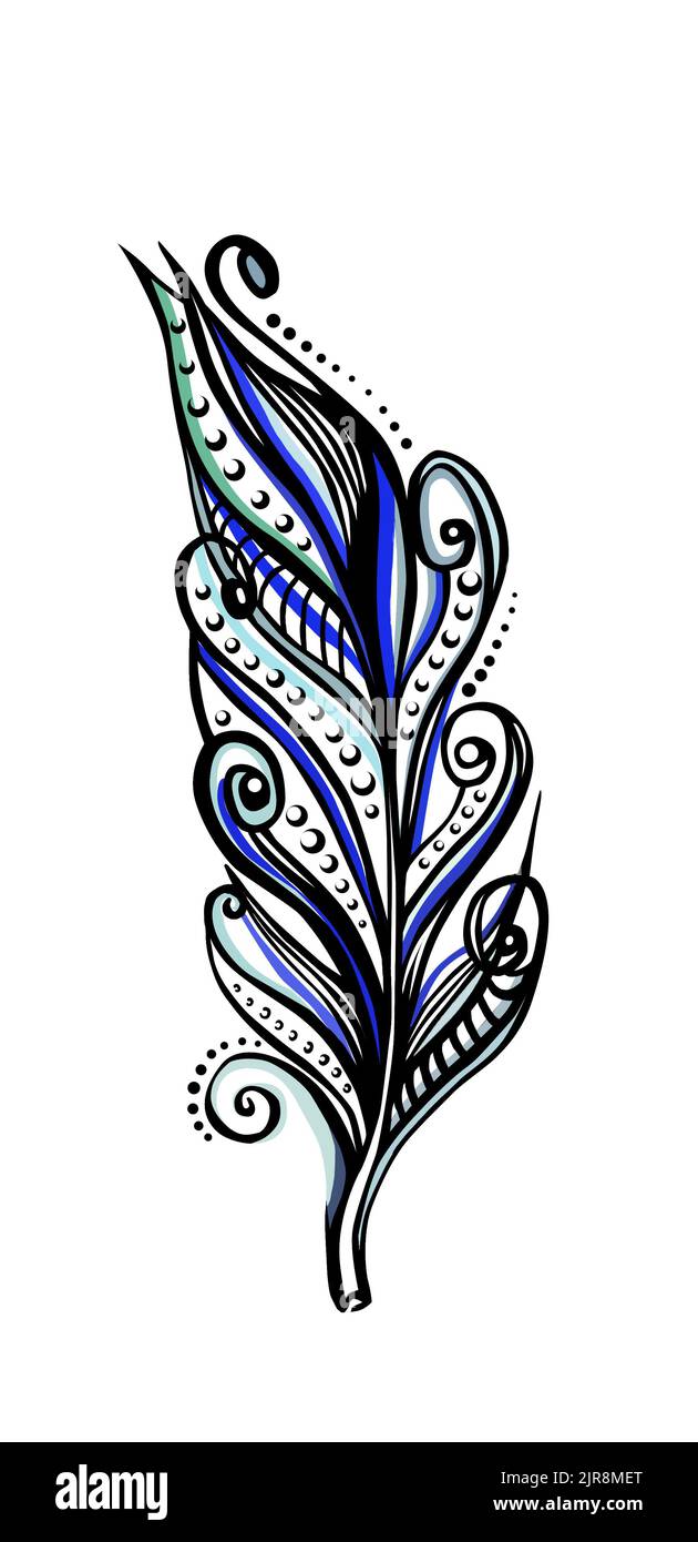 Plume d'un oiseau exotique, dessinée à la main. Dessin réalisé avec des marqueurs et de l'encre. Banque D'Images