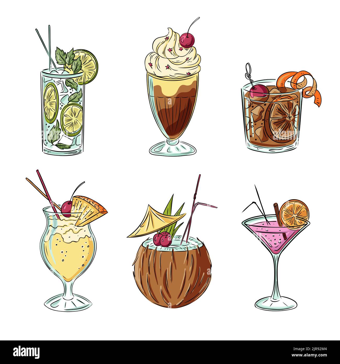 Boissons alcoolisées d'été avec fruits. Cocktails élégants dessinés à la main Illustration de Vecteur