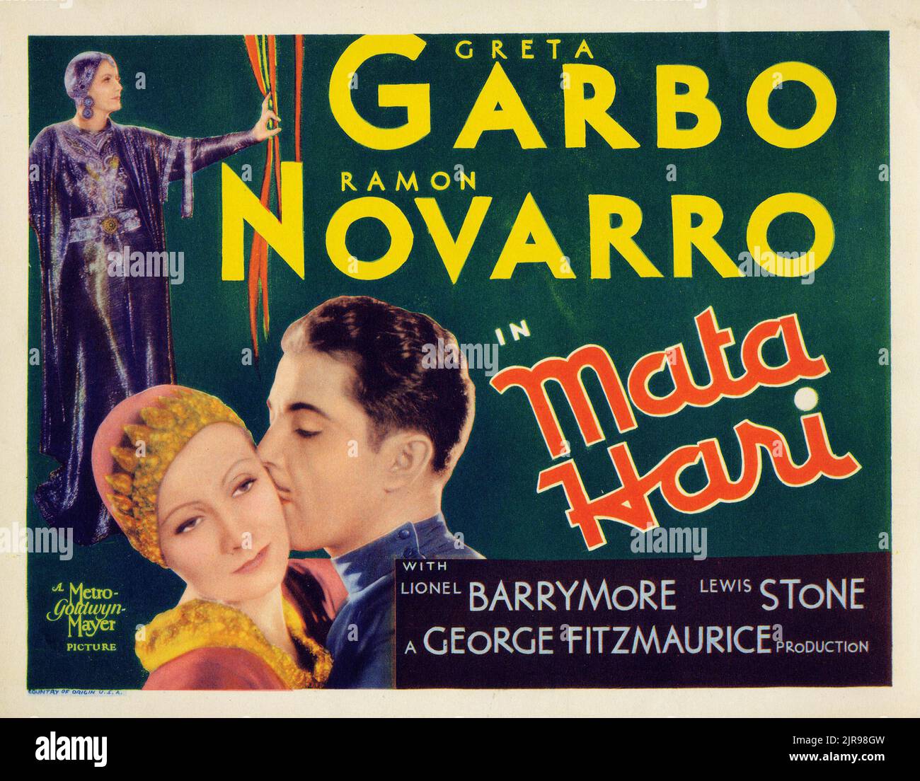 Mata Hari (MGM, 1931). Titre de la carte du lobby. GRETA Garbo et Ramon Novarro. Banque D'Images