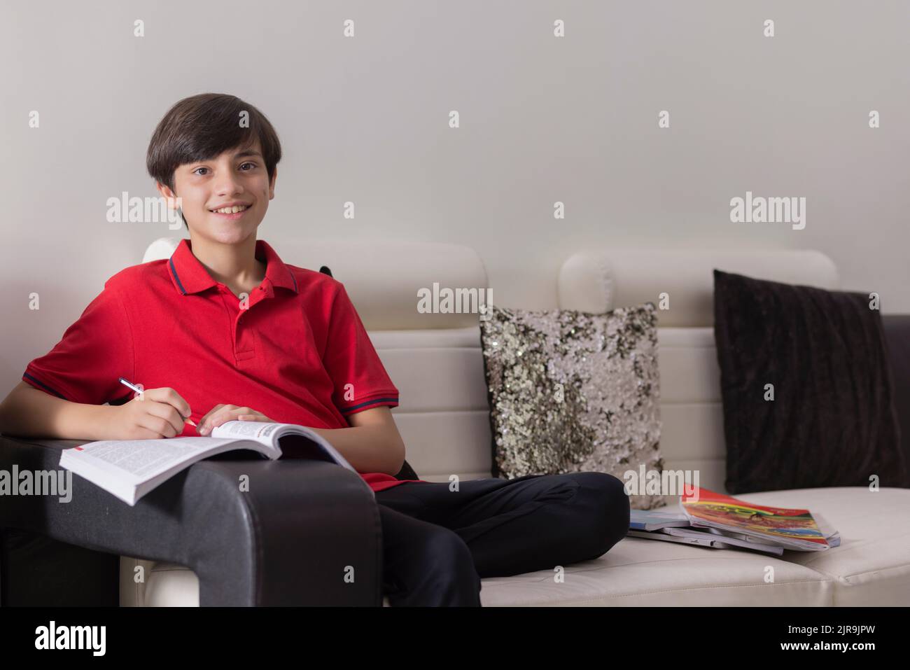 Portrait d'un jeune garçon joyeux étudiant sur un canapé à la maison Banque D'Images