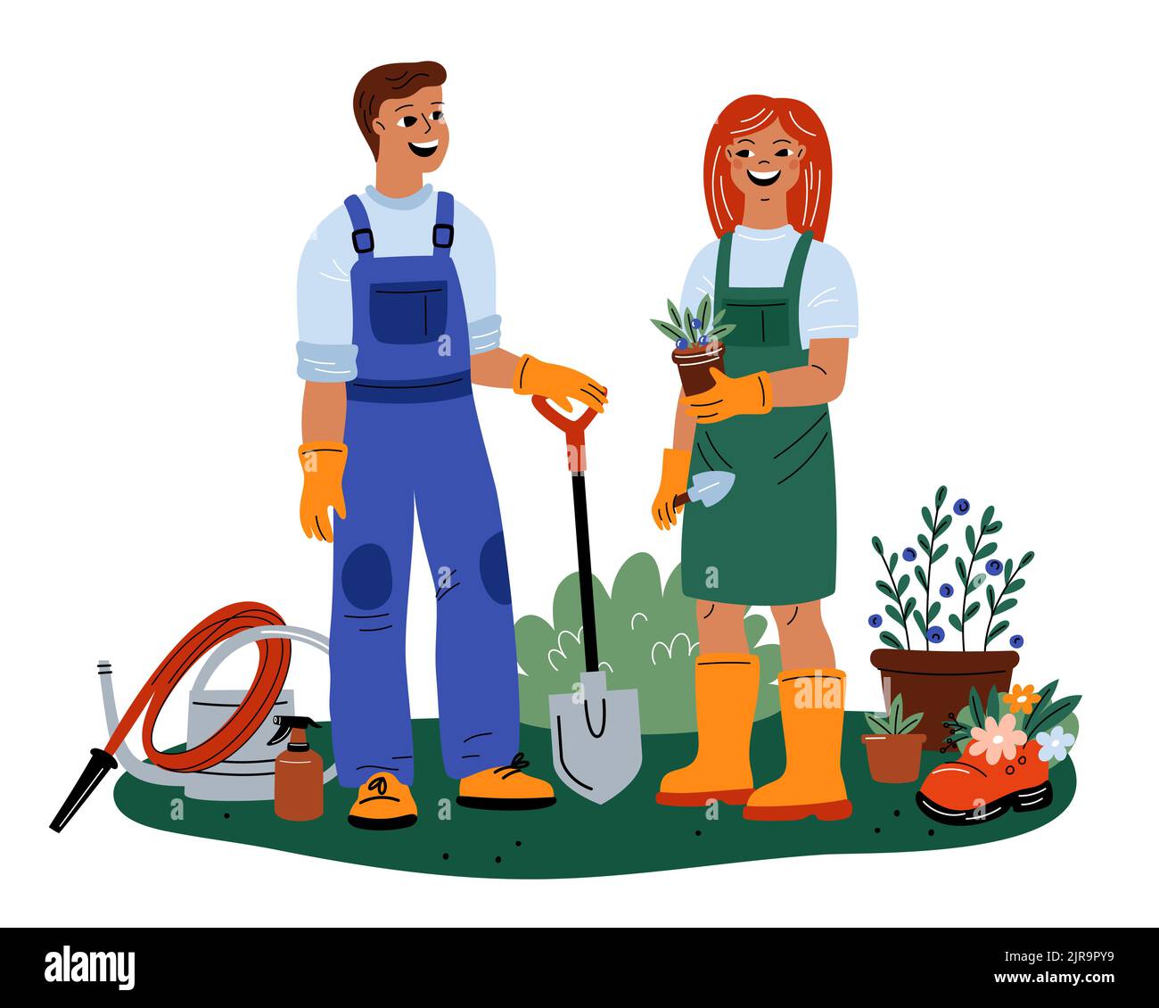 Jardiniers avec outils. Couple prendre soin des plantes. Homme et femme en vêtements de travail sur terrain de jardin avec instruments de jardinage. Plantation de travailleurs agricoles Illustration de Vecteur