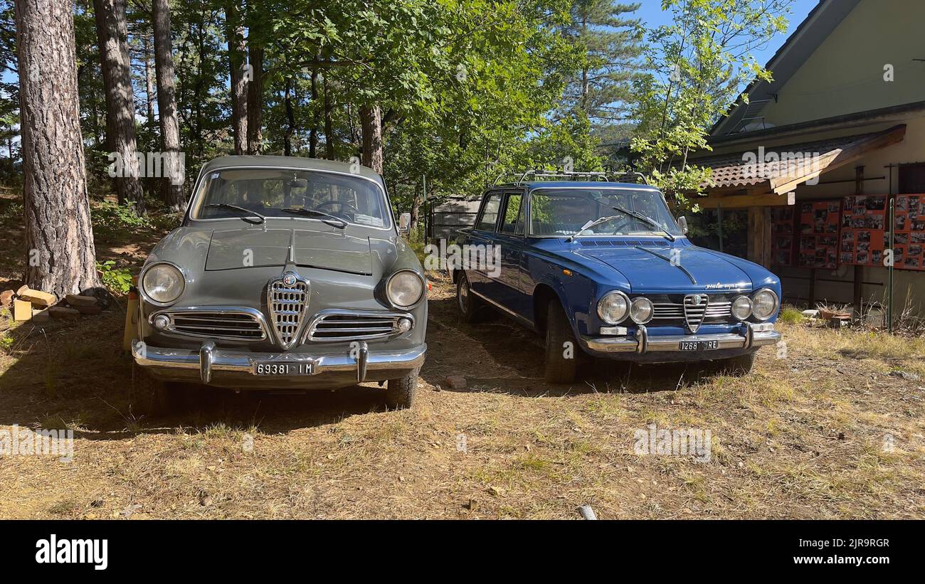 Une exposition de voitures anciennes avec Alfa Romeo et Fiat 600, à la campagne Banque D'Images
