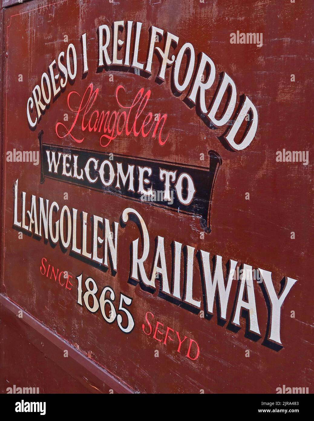 Croeso i Reilffordd Llangollen Railway, depuis 1865 panneau, Denbighshire, Nord du pays de Galles, Royaume-Uni Banque D'Images