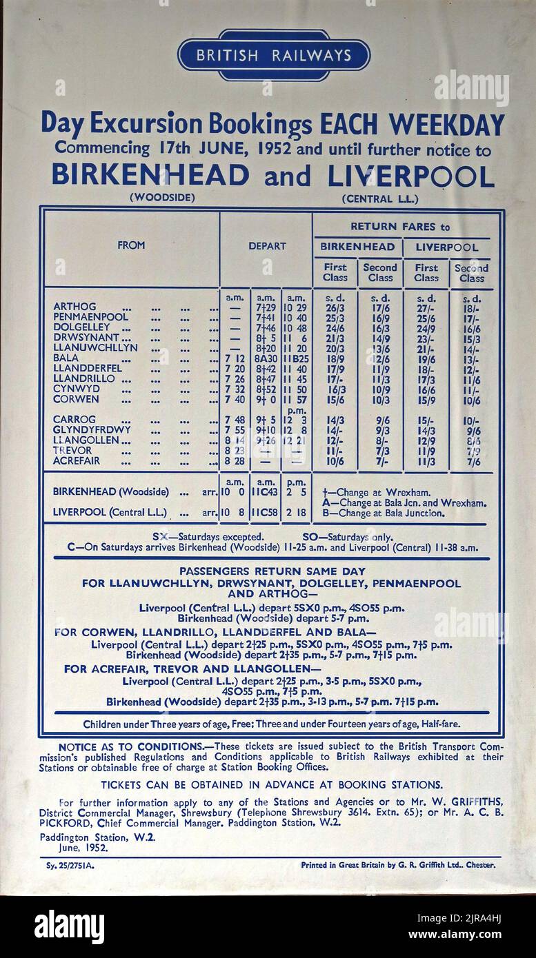 Affiche de l'horaire pour les réservations d'excursion d'une journée des chemins de fer britanniques, du nord du pays de Galles à Birkenhead Woodside et à Liverpool Central, juin 1952 Banque D'Images