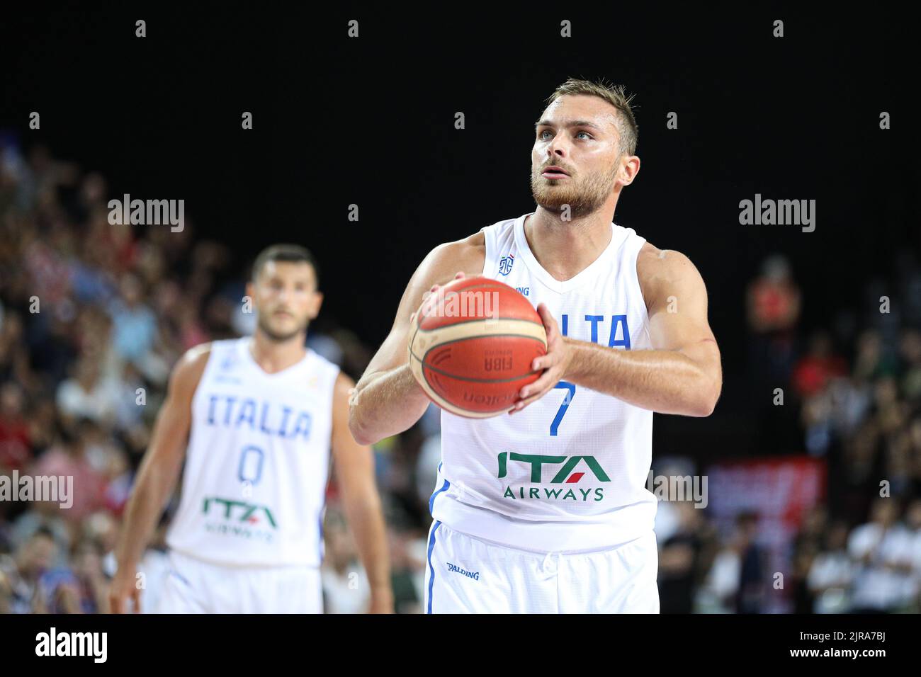Stefano Tonut pendant le deuxième match France équipe de basket contre l'Italie à Montpellier comme préparation pour Eurobasket 2022 Banque D'Images