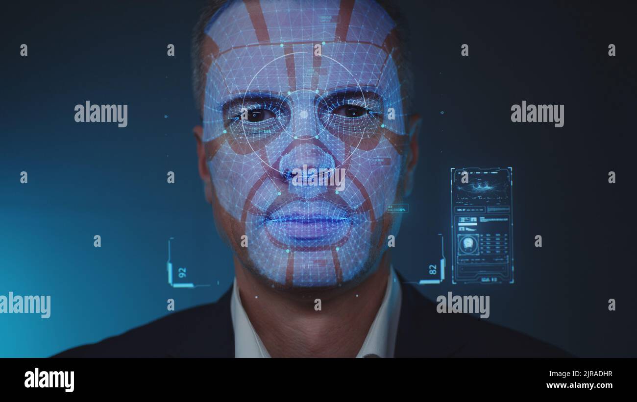 3D rendu de la face futuriste de numérisation d'ordinateur de l'entrepreneur d'âge moyen pour donner accès à des données privées Banque D'Images