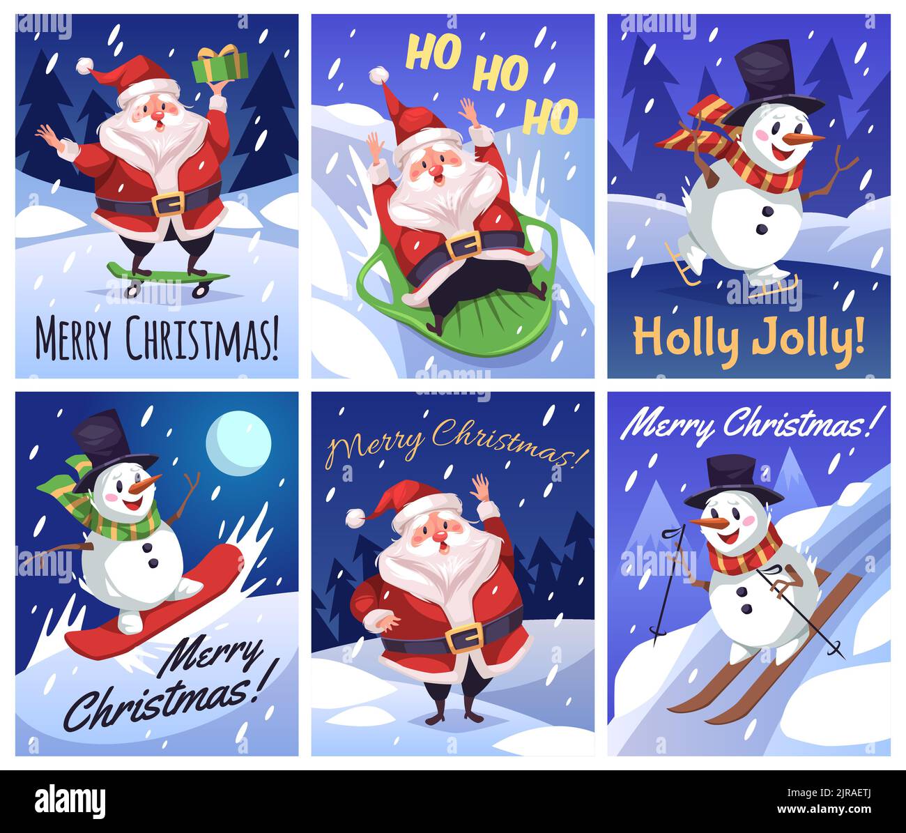 Cartes de père Noël. Affiches de Noël personnages drôles, inscriptions mignonnes de félicitations, dessin animé bonhomme de neige ski, snowboard et patinage, sports extrêmes d'hiver Illustration de Vecteur