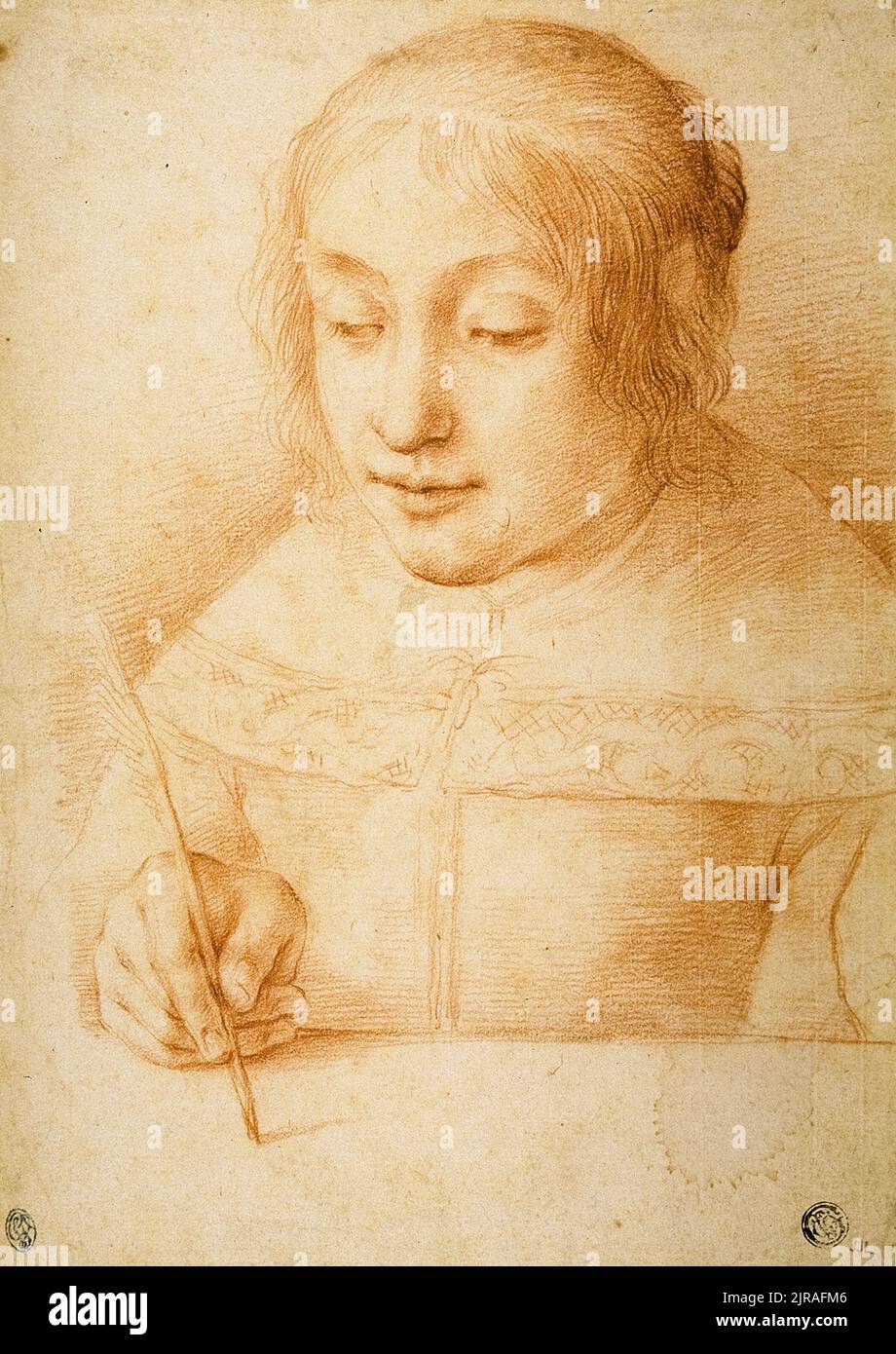 Elisabetta Sirani, jeune femme qui écrit ou dessine, dessin à la craie rouge sur papier crème, 1658-1665 Banque D'Images