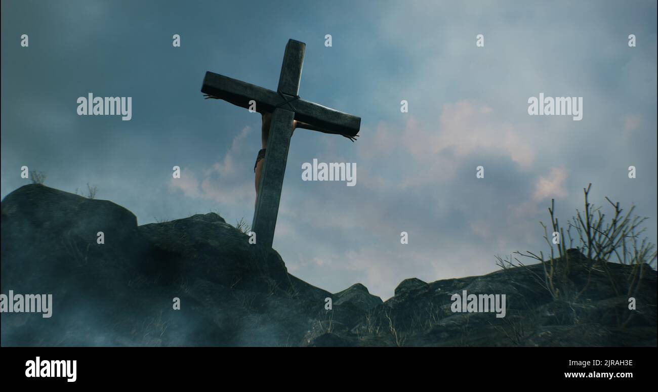 3D image de Jésus-Christ accrochée sur une croix en bois sur la falaise contre le ciel gris couvert Banque D'Images