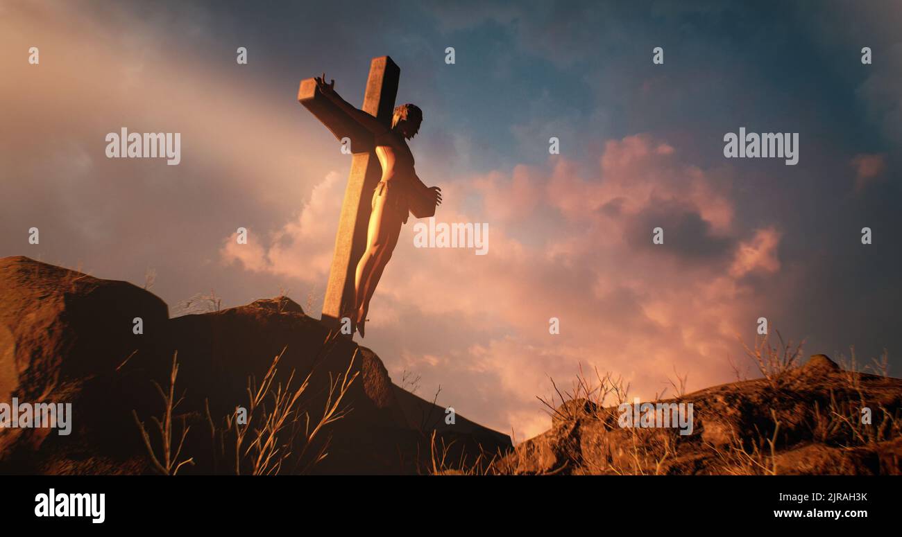 3D image de Jésus-Christ accrochée à la croix sur des pierres contre le ciel nuageux Banque D'Images
