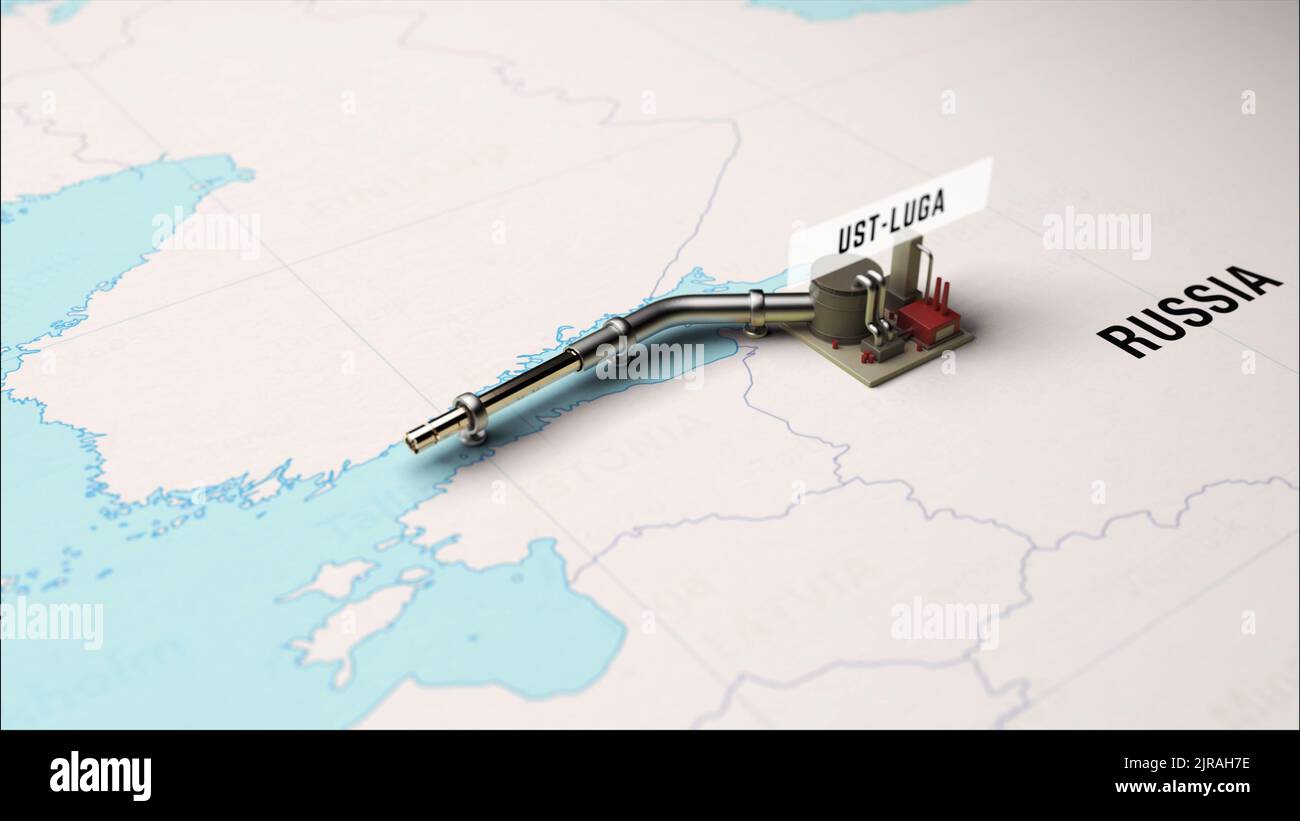 3D rendu de la construction du gazoduc Process Nord Stream 2 entre la Russie et l'Allemagne sur la carte Banque D'Images