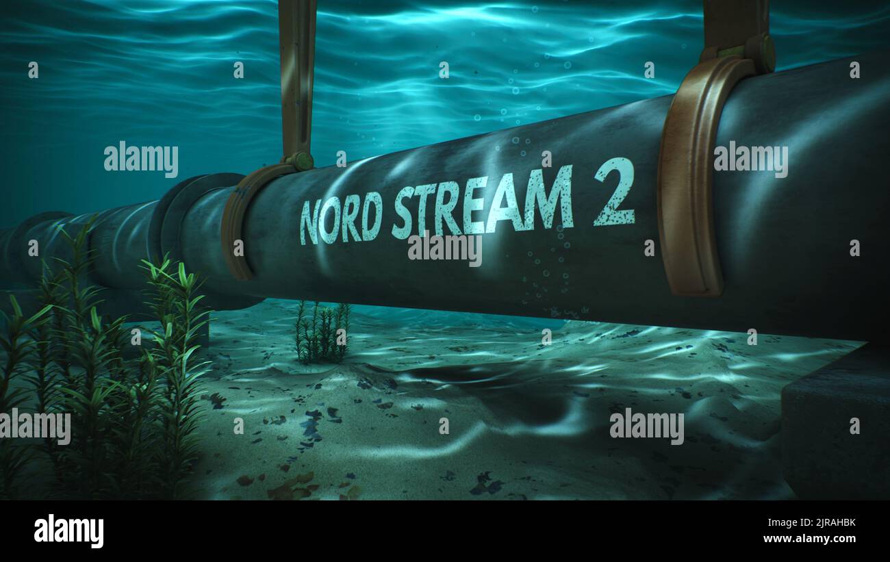 3D réalisation de colliers robotisés d'installation de tuyaux avec l'inscription Nord Stream 2 au fond de la mer Baltique pendant le processus de construction de gazoducs de Russie à Allemagne Banque D'Images