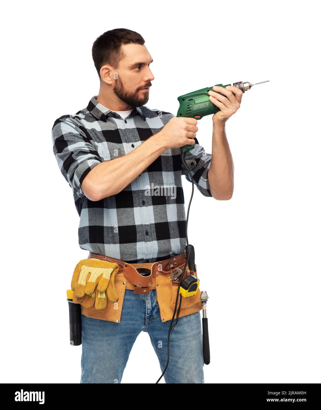 homme ouvrier ou constructeur avec perceuse et outils Banque D'Images