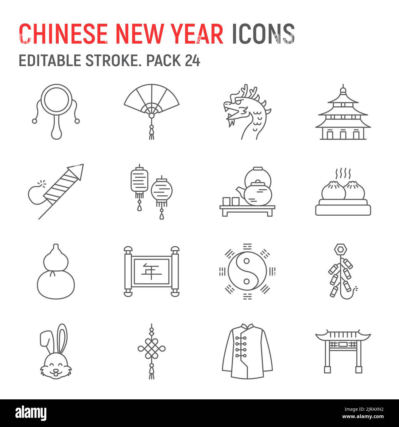 Jeu d'icônes de la nouvelle année chinoise, 2023 zodiac de lapin chinois, collection de voyage, graphiques vectoriels, illustrations de logo, icônes vectorielles de la nouvelle année chinoise, signes de l'asie, pictogrammes de contour, trait modifiable Illustration de Vecteur