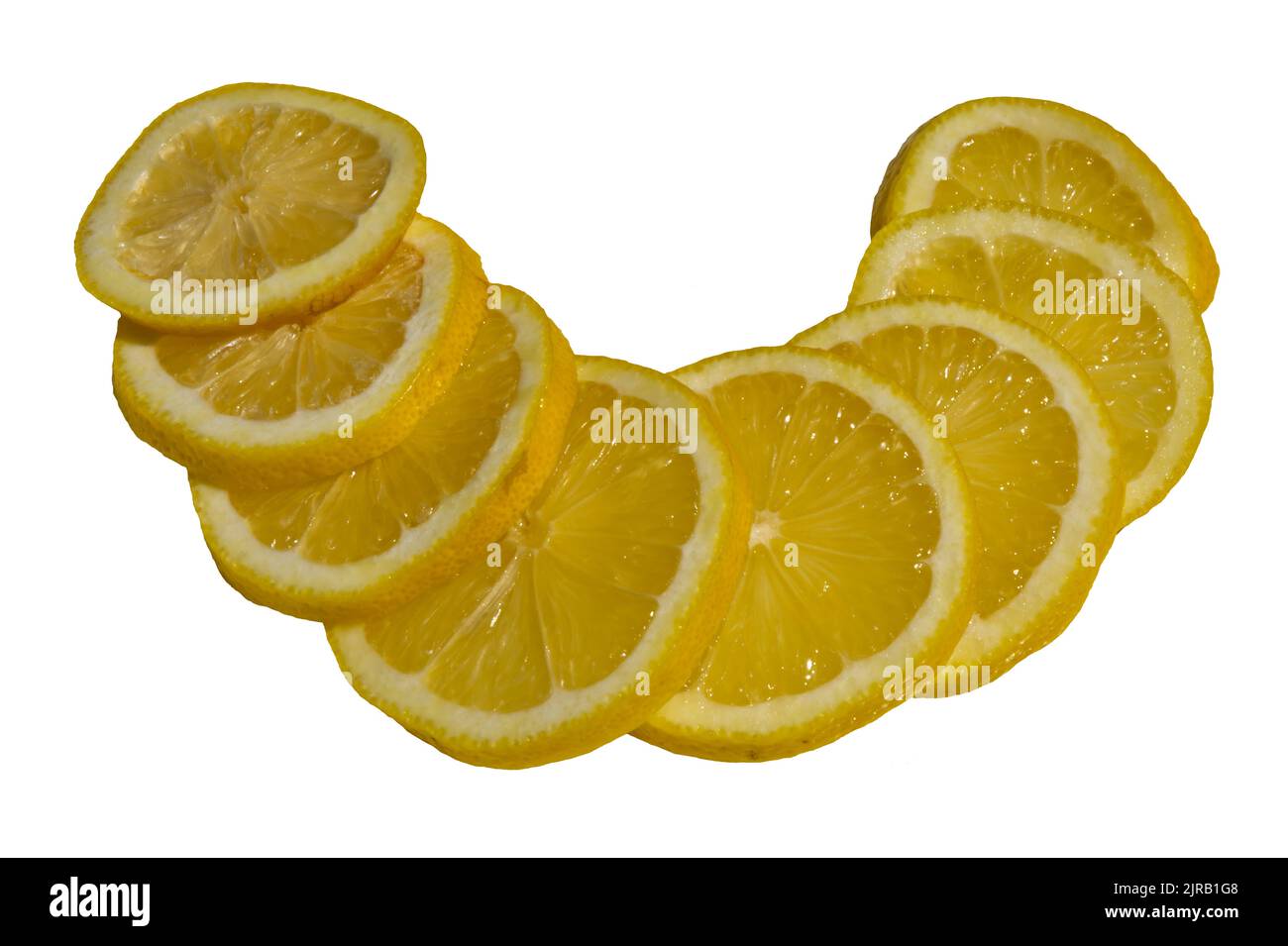 Huit tranches de citron isolées sur fond blanc. (citrons limon, rutaceae) Banque D'Images