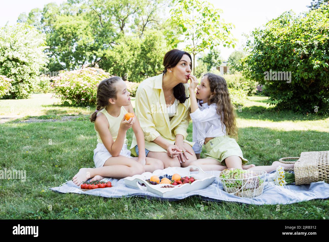 Fille regardant la sœur nourrissant la fraise à la mère dans le parc Banque D'Images