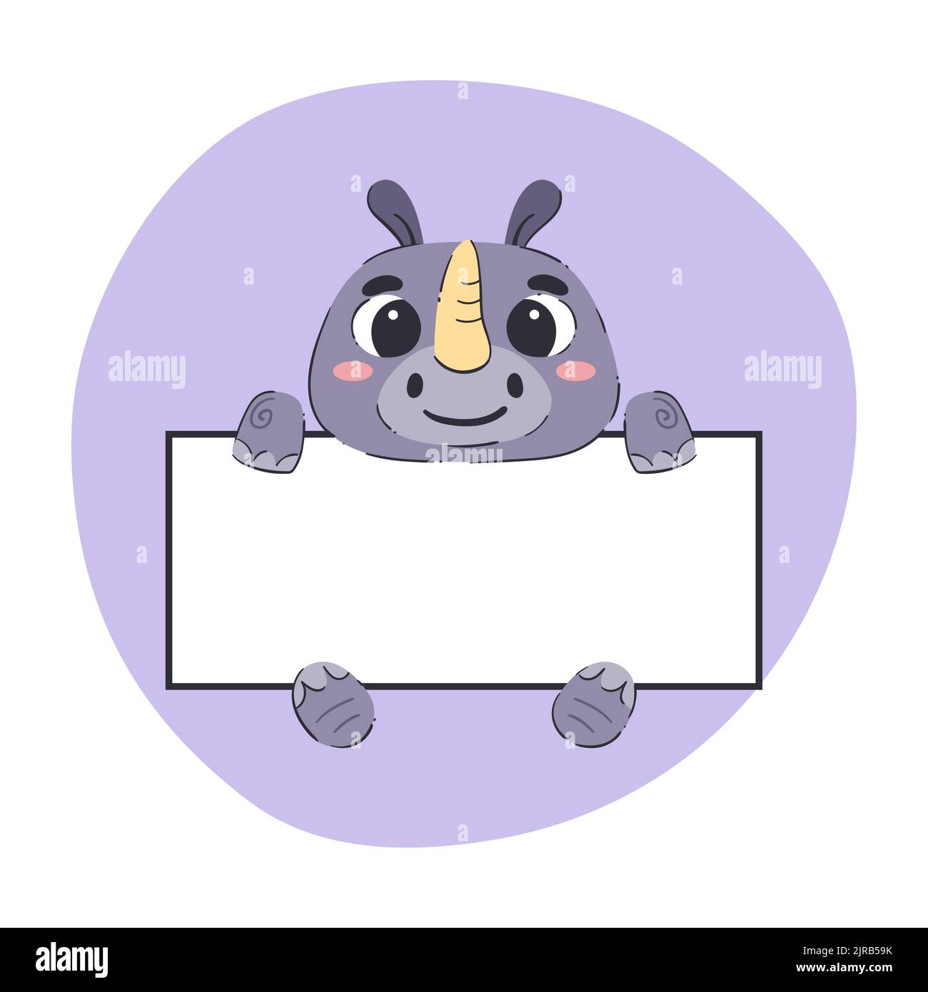 Rhino tenant une bannière blanche. Illustration vectorielle mignonne dessinée à la main avec un arrière-plan violet. Modèle de carte modifiable. Illustration de Vecteur
