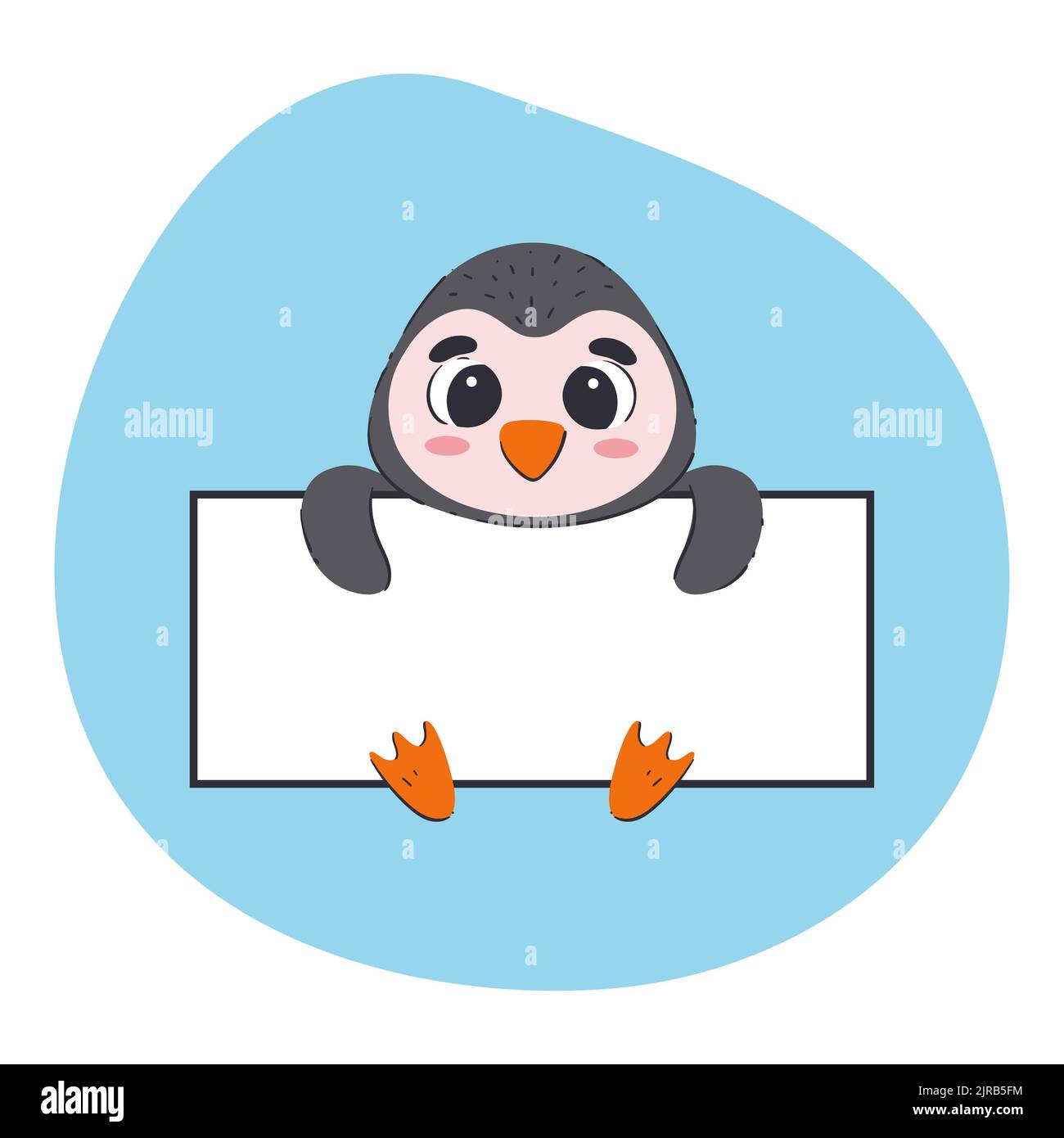Pingouin portant une bannière blanche. Jolie illustration vectorielle dessinée à la main sur fond bleu. Modèle de carte modifiable. Illustration de Vecteur