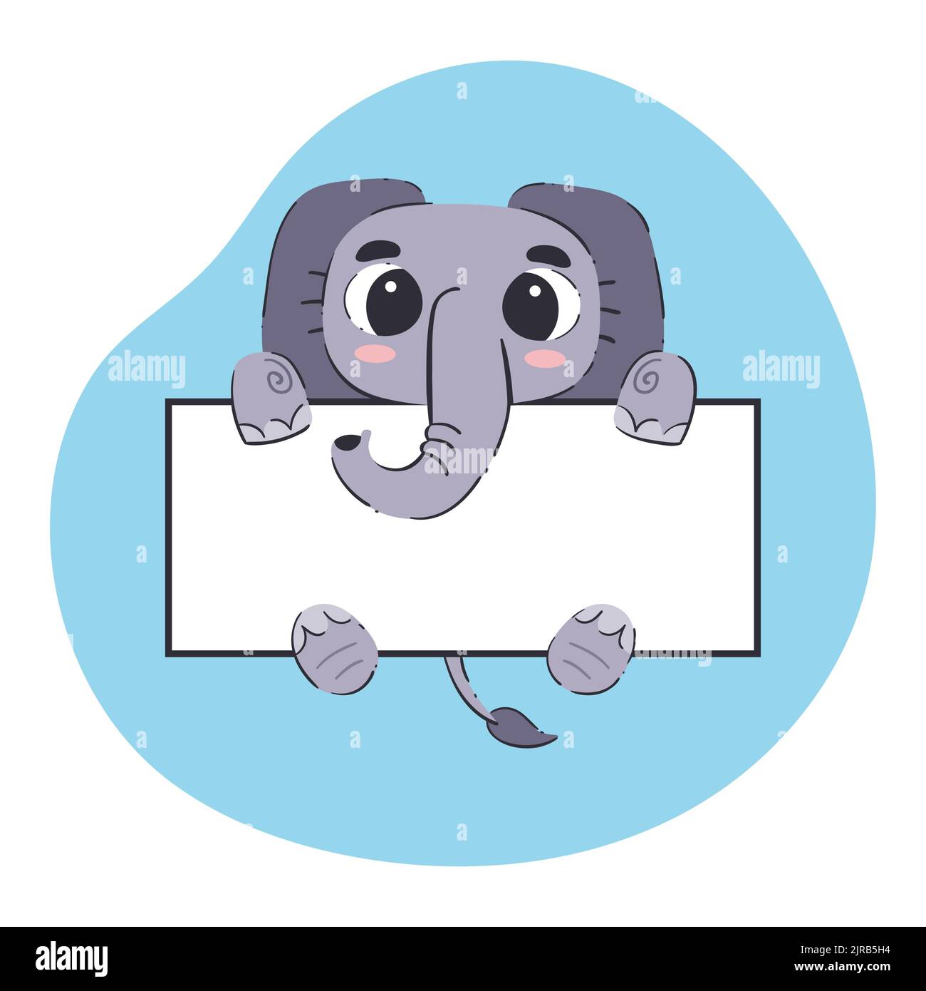 Éléphant tenant une bannière blanche. Jolie illustration vectorielle dessinée à la main sur fond bleu. Modèle de carte modifiable. Illustration de Vecteur