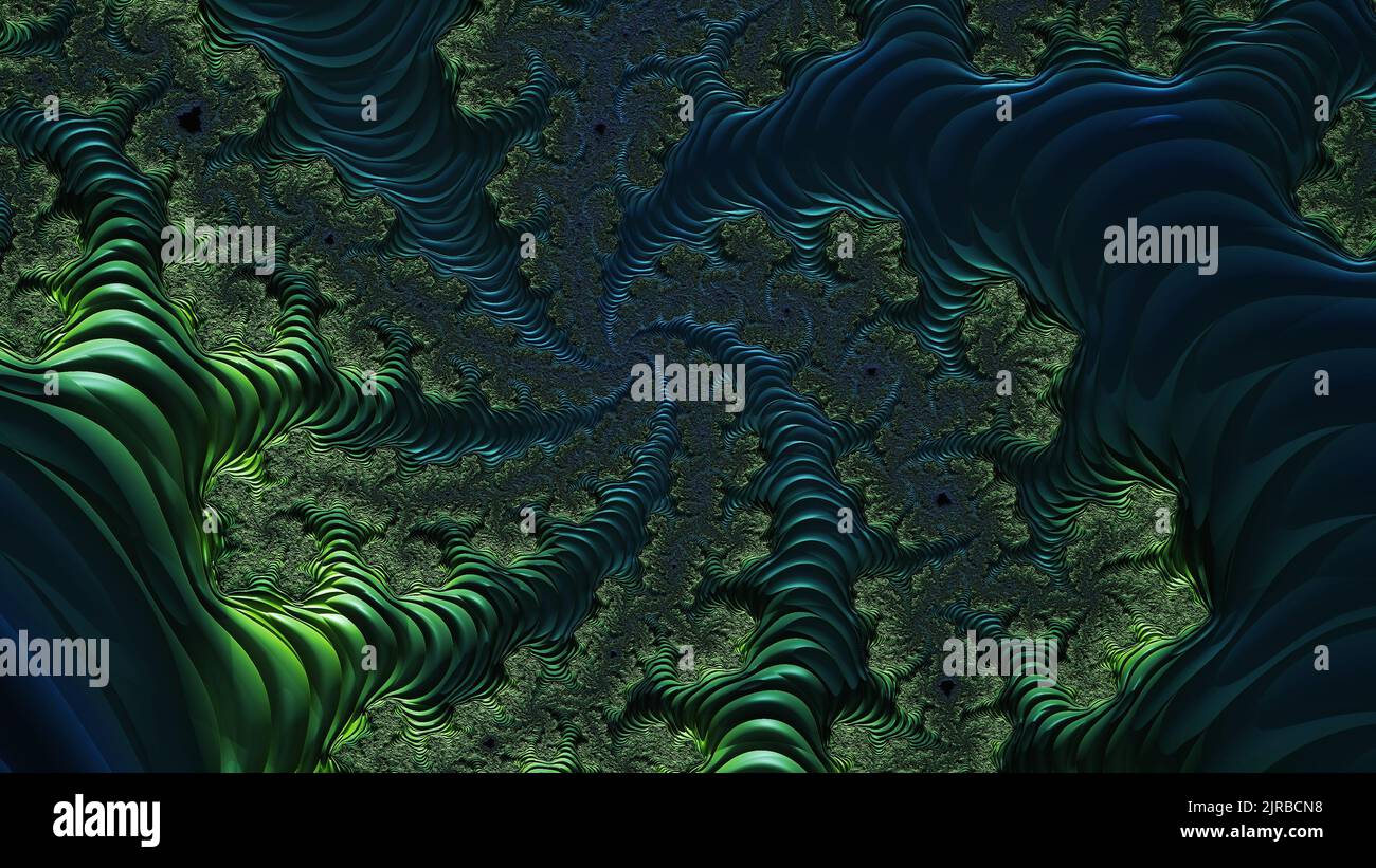 Abstrait 3D tunnel en spirale fractale de couleur bleue et verte. Arrière-plan futuriste moderne, rendu 3D Banque D'Images