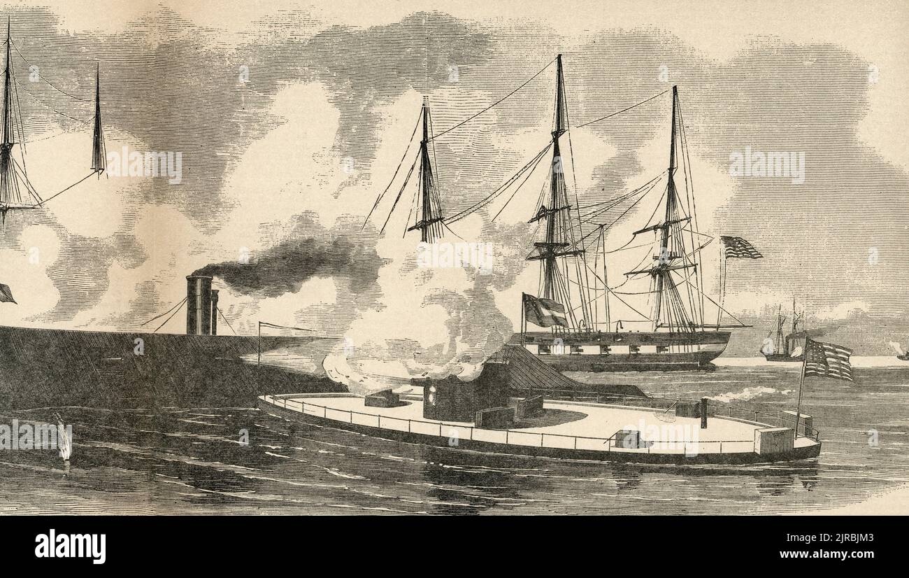 L'USS Monitor au volant de la CSS Merrimac pendant la guerre civile américaine, 1862 Banque D'Images