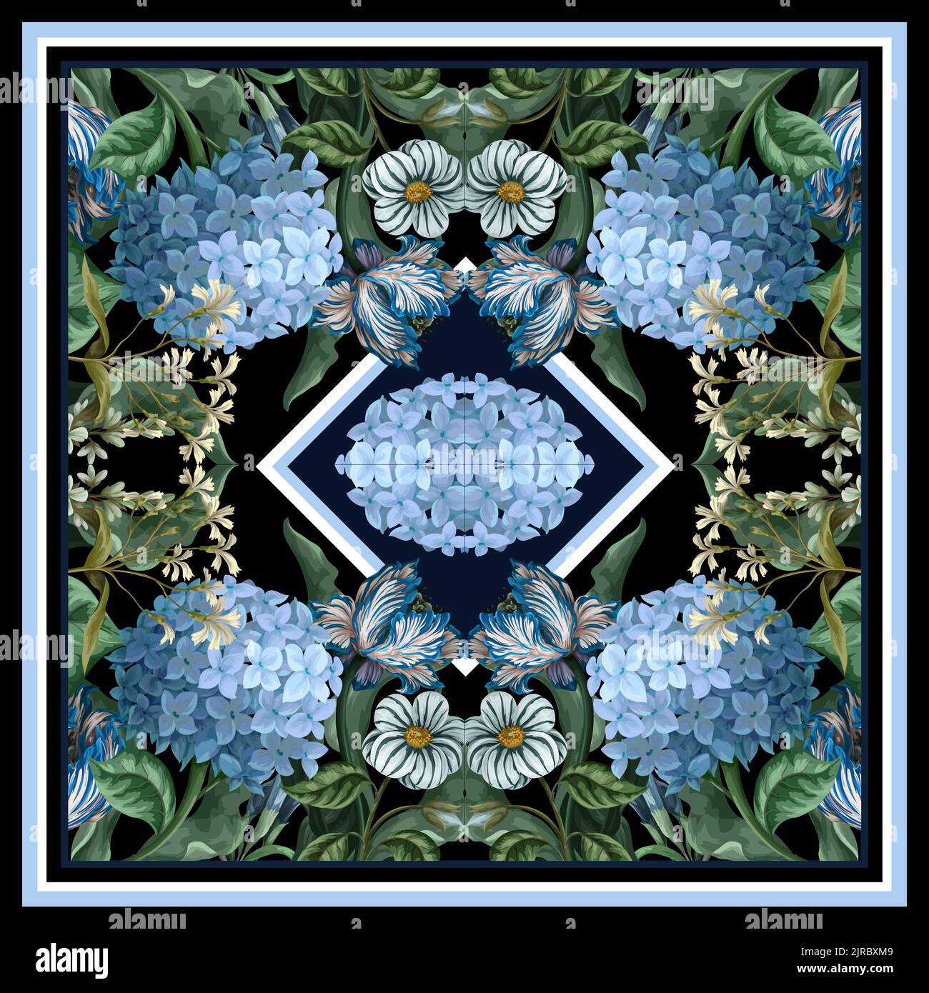 Foulard à motifs avec hortensias bleus et autres fleurs. Vecteur. Illustration de Vecteur