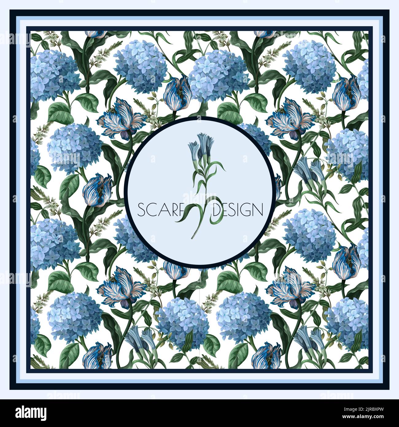 Foulard à motifs avec hortensias bleus et autres fleurs. Vecteur. Illustration de Vecteur