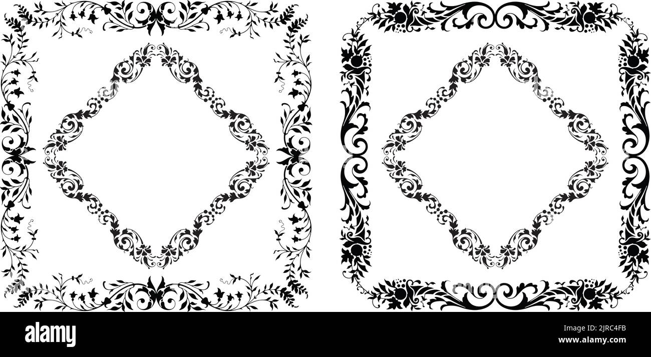 Un ensemble de cadres et de bordures carrés à motif fleuri à feuilles et motif vectoriel vintage. Illustration de Vecteur