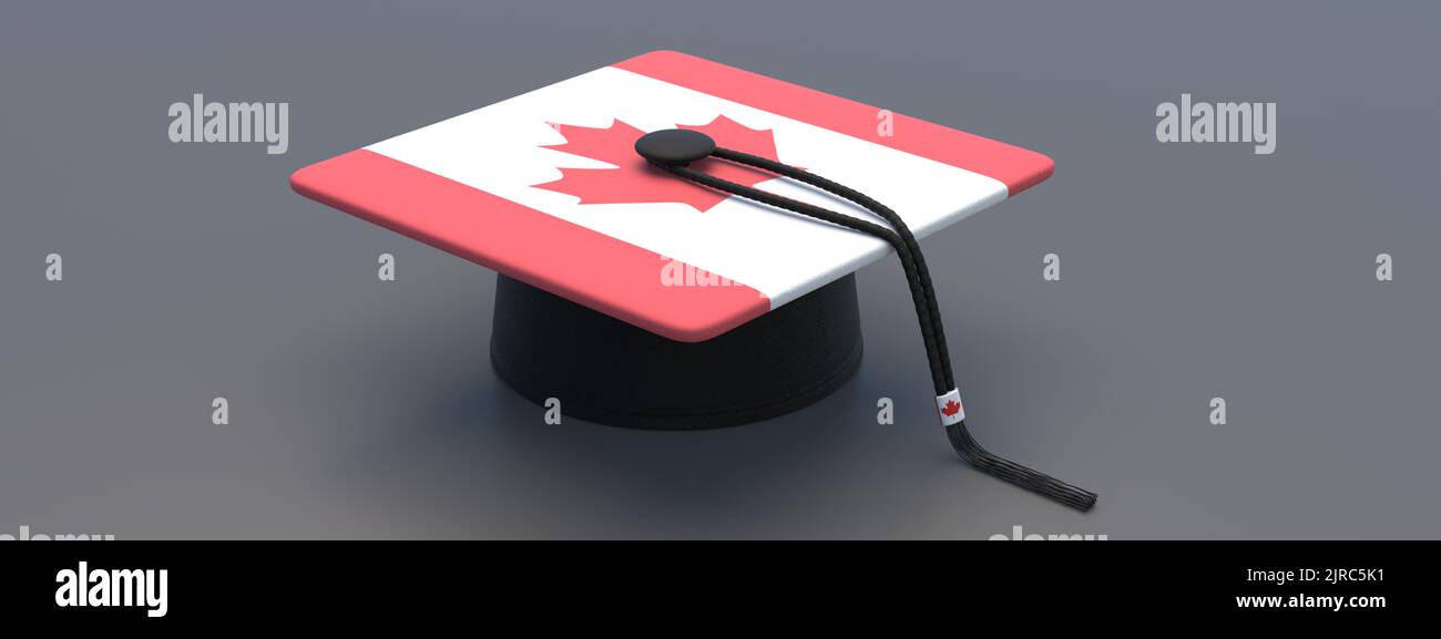 Collège et lycée au Canada. Mortade de remise des diplômes de l'élève du drapeau canadien sur fond noir. 3d rendu Banque D'Images