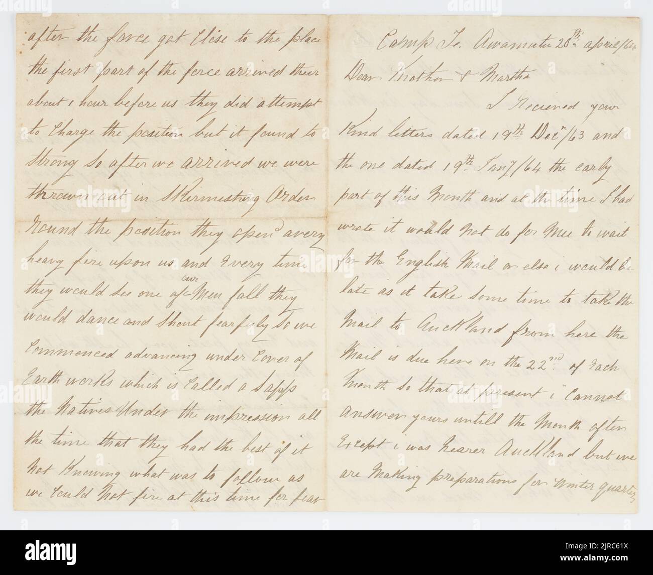 Lettre, 20 avril 1864, te Awamutu, du Soldat George Tatler. Don de Gerald Ellott, 2002. Banque D'Images