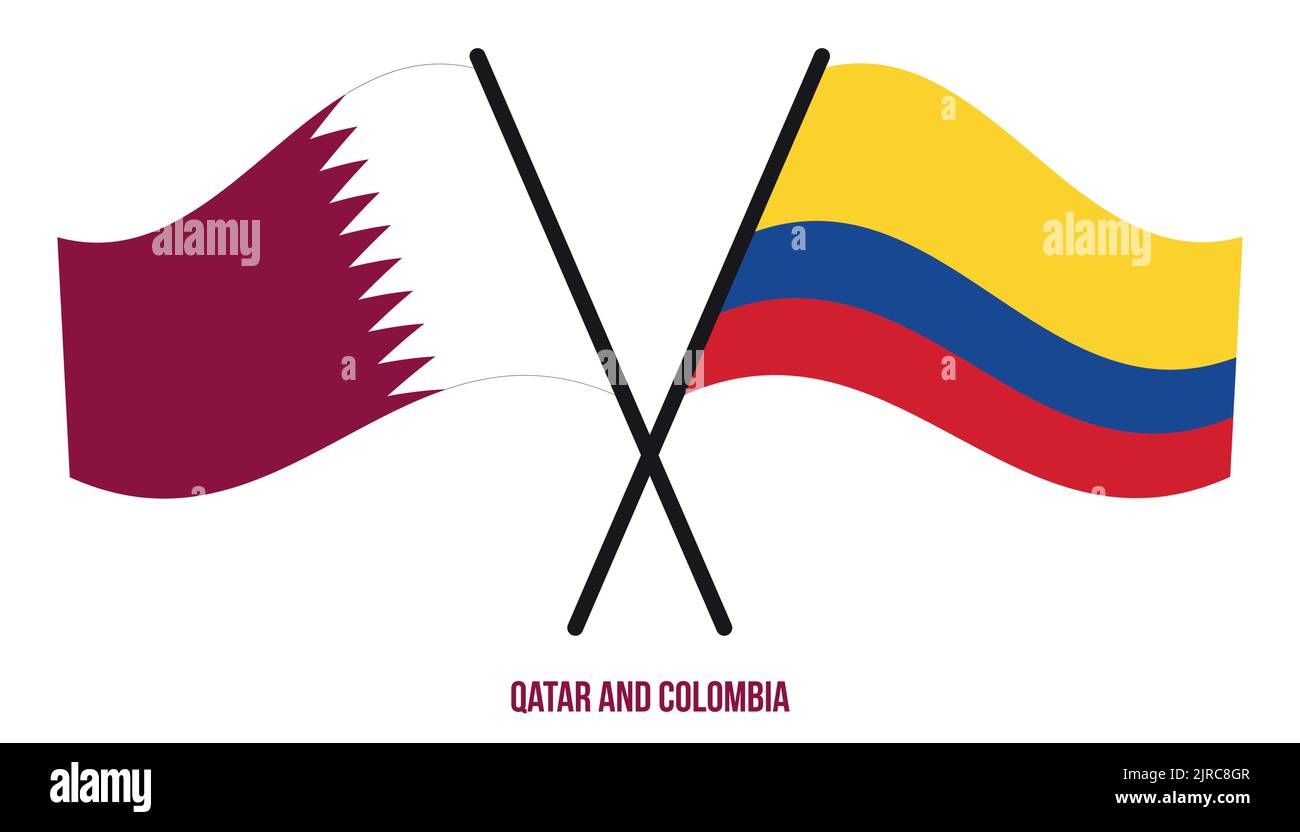 Les drapeaux du Qatar et de la Colombie ont traversé et ont fait des signes de style plat. Proportion officielle. Corriger les couleurs. Illustration de Vecteur