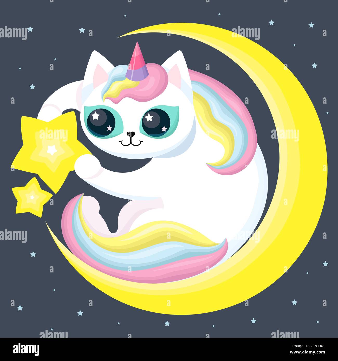 Adorable licorne de chat avec lune et étoiles. Vecteur Illustration de Vecteur