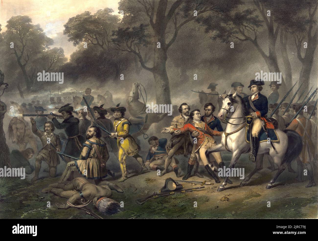 Washington le soldat : le lieutenant-colonel Washington à cheval pendant la bataille de la Monongahela Banque D'Images