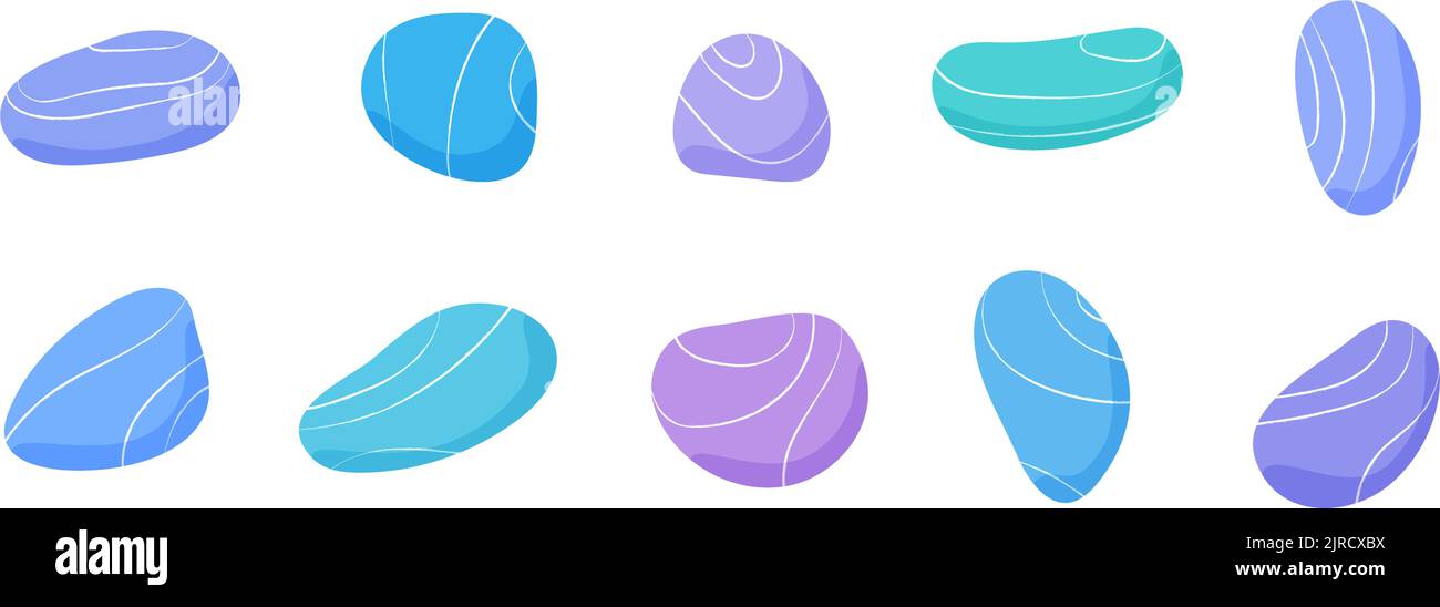 Collection de pierres de galet. Ensemble de différentes formes de galets de plage. Diverses formes de roches lisses. Galets de mer ou de rivière. Vecteur. Illustration de Vecteur