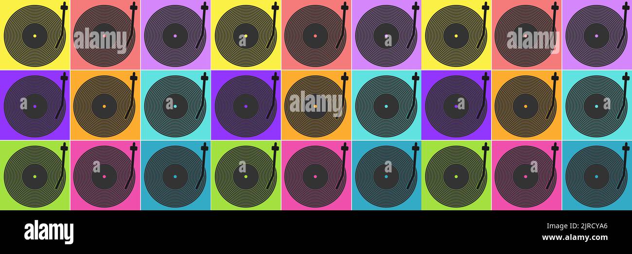 En-tête de bannière style pop art de disques vinyle, avec espace de copie, disques rétro en vinyle funky Banque D'Images