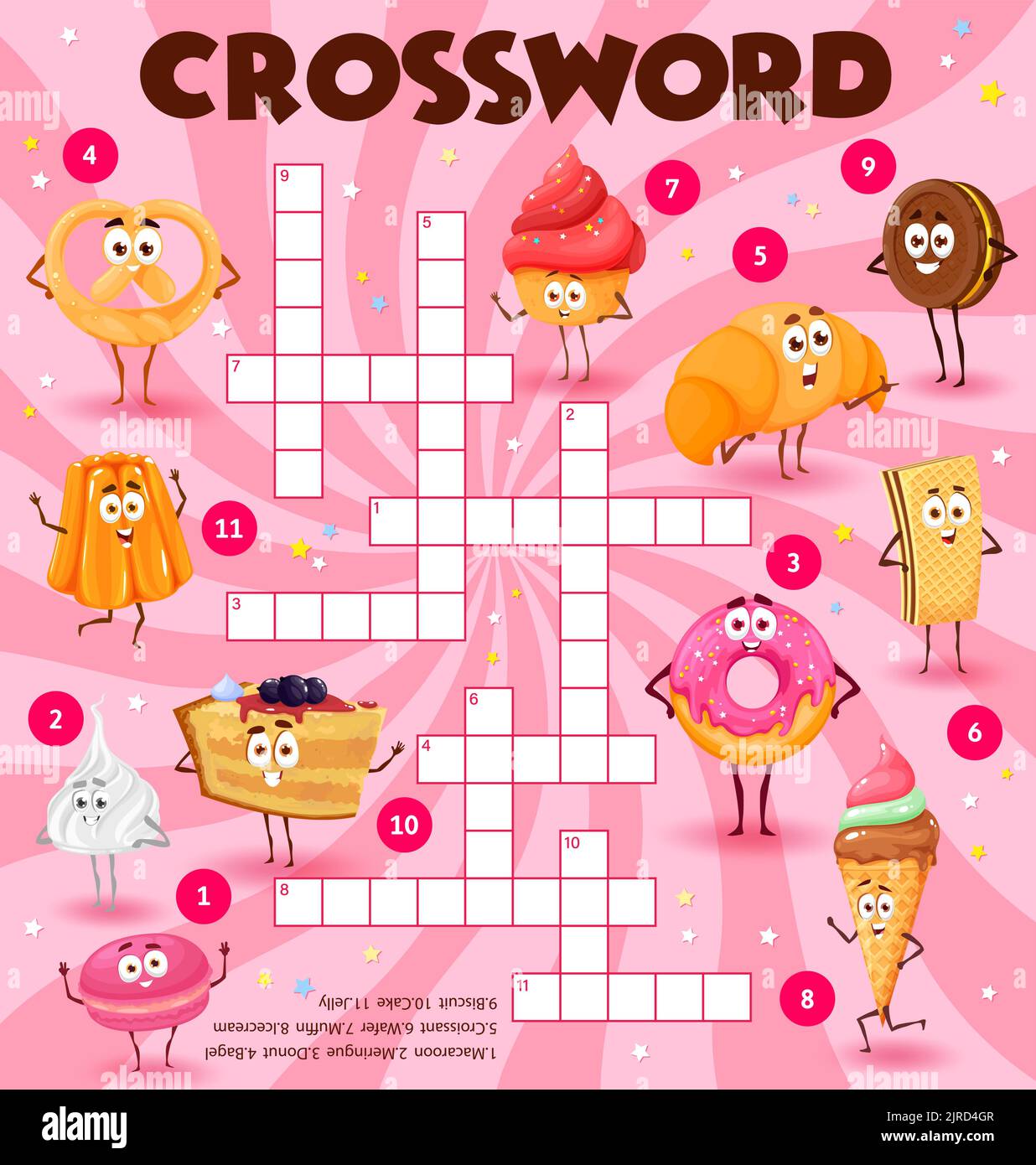 Dessin animé pâtisserie bonbons et personnages de dessert, grille de jeu de puzzle de mots
