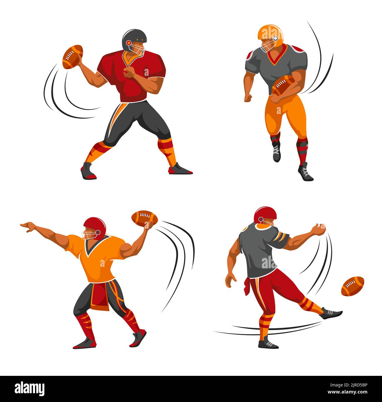 Quarterback, kicker, running back joueurs de football américain personnages. Joueur de la ligue américaine de football en casque et équipement de protection en course sur le terrain, en passant, en coups de pied et en lançant le ballon Illustration de Vecteur