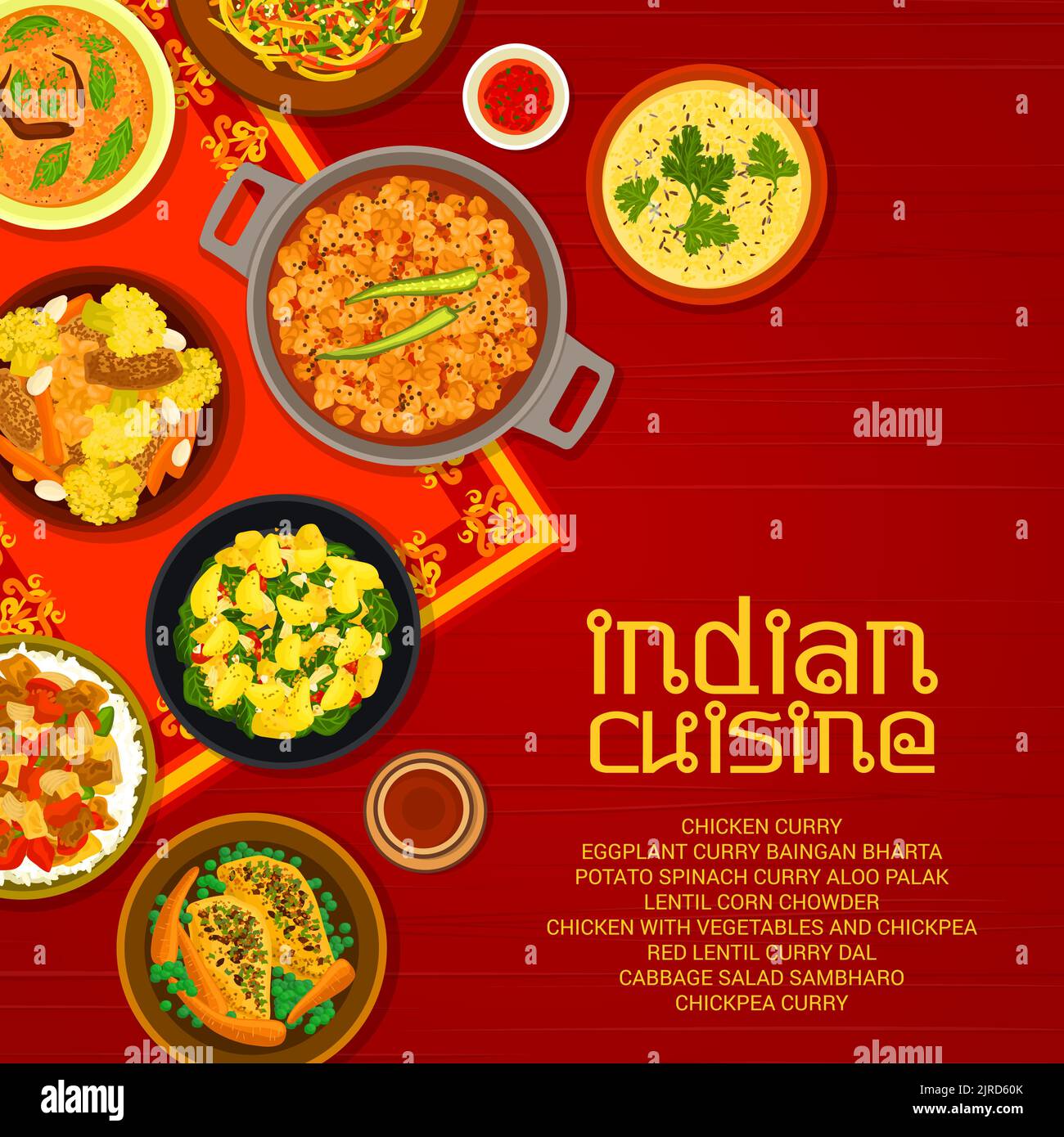 Couverture du menu de cuisine indienne. Curry de pois chiches, de Bharta de Baingan et d'Aloo Palak, salade de chou Sambharo, poulet aux légumes et aux pois chiches, cari de lentilles rouges, chaudrée de maïs de lentilles et cari de poulet Illustration de Vecteur