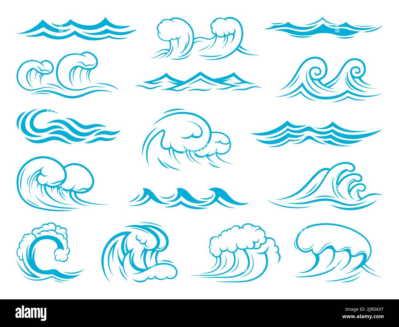 Icônes de la mer et des vagues de l'océan, tsunami, vagues de surf. Ensemble de vecteurs isolés de bleu turquoise éclaboussures, ondulations, boucles et ruptures. Symboles de tempête marine et nautique, nains mouants, éléments d'onde de marée Illustration de Vecteur