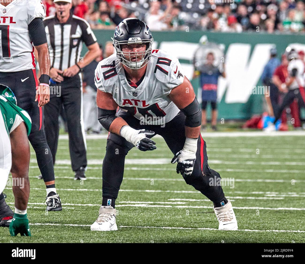 East Rutherford, New Jersey, États-Unis. 23 août 2022, East Rutherford, New Jersey, États-Unis : Atlanta Falcons offensif attach Jake Matthews (70) lors d'un match d'avant-saison de la NFL au stade MetLife à East Rutherford, New Jersey. Jets défait les Falcons 24-16. Duncan Williams/CSM crédit: CAL Sport Media/Alay Live News Banque D'Images